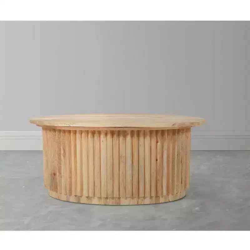 Table basse ovale marron, bois de manguier, piètement central, 91 cm l
