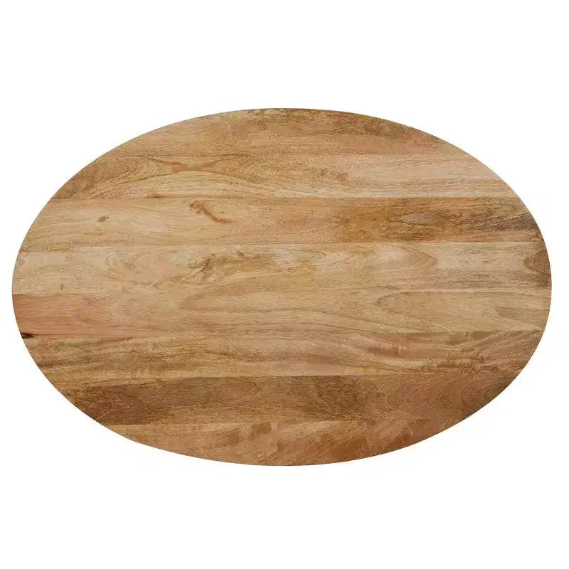 Table basse ovale marron, bois de manguier, piètement central, 91 cm l