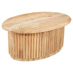 Table basse ovale marron, bois de manguier, piètement central, 91 cm l