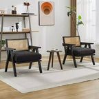 Fauteuil d'appoint – Beige / Noir / Gris | Dossier en rotin et coussin en lin | 1 place