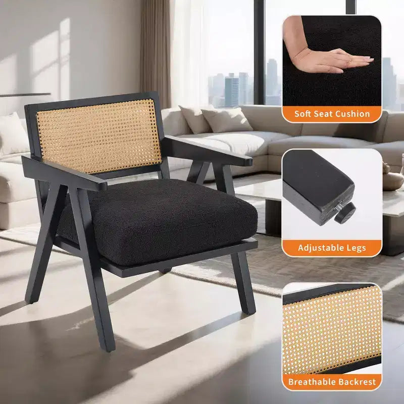 Fauteuil d'appoint – Beige / Noir / Gris | Dossier en rotin et coussin en lin | 1 place