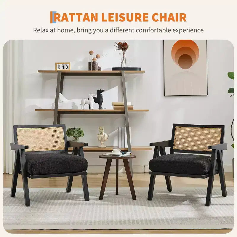Fauteuil d'appoint – Beige / Noir / Gris | Dossier en rotin et coussin en lin | 1 place