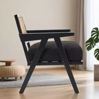 Fauteuil d'appoint – Beige / Noir / Gris | Dossier en rotin et coussin en lin | 1 place