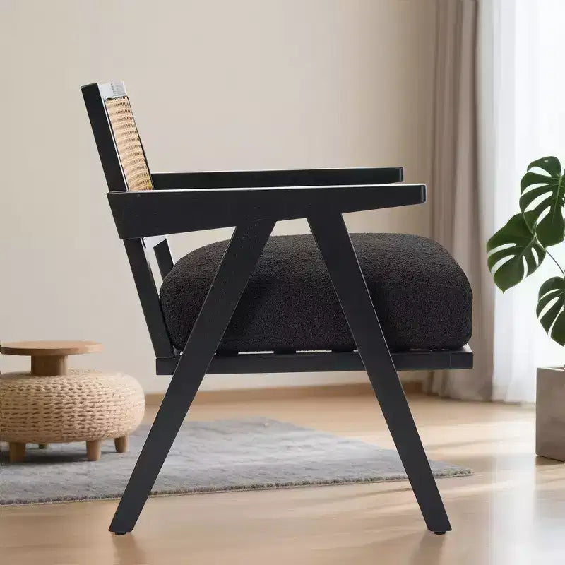 Fauteuil d'appoint – Beige / Noir / Gris | Dossier en rotin et coussin en lin | 1 place