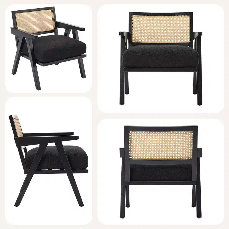 Fauteuil d'appoint – Beige / Noir / Gris | Dossier en rotin et coussin en lin | 1 place