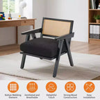 Fauteuil d'appoint – Beige / Noir / Gris | Dossier en rotin et coussin en lin | 1 place