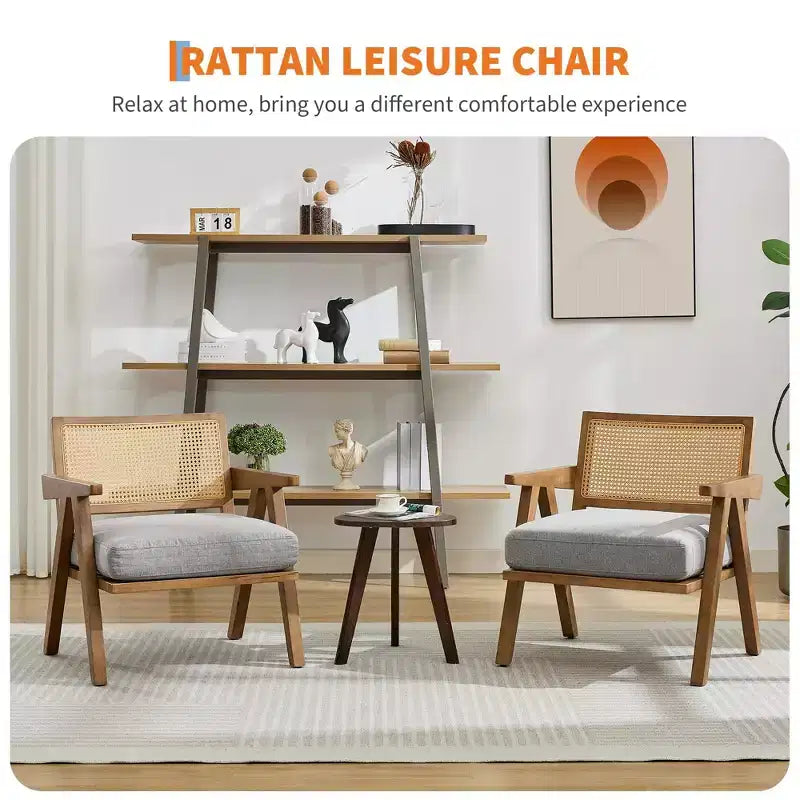 Fauteuil d'appoint – Beige / Noir / Gris | Dossier en rotin et coussin en lin | 1 place