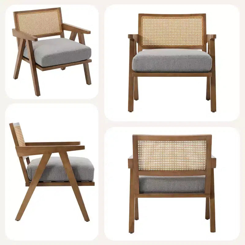 Fauteuil d'appoint – Beige / Noir / Gris | Dossier en rotin et coussin en lin | 1 place