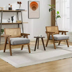 Fauteuil d'appoint – Beige / Noir / Gris | Dossier en rotin et coussin en lin | 1 place