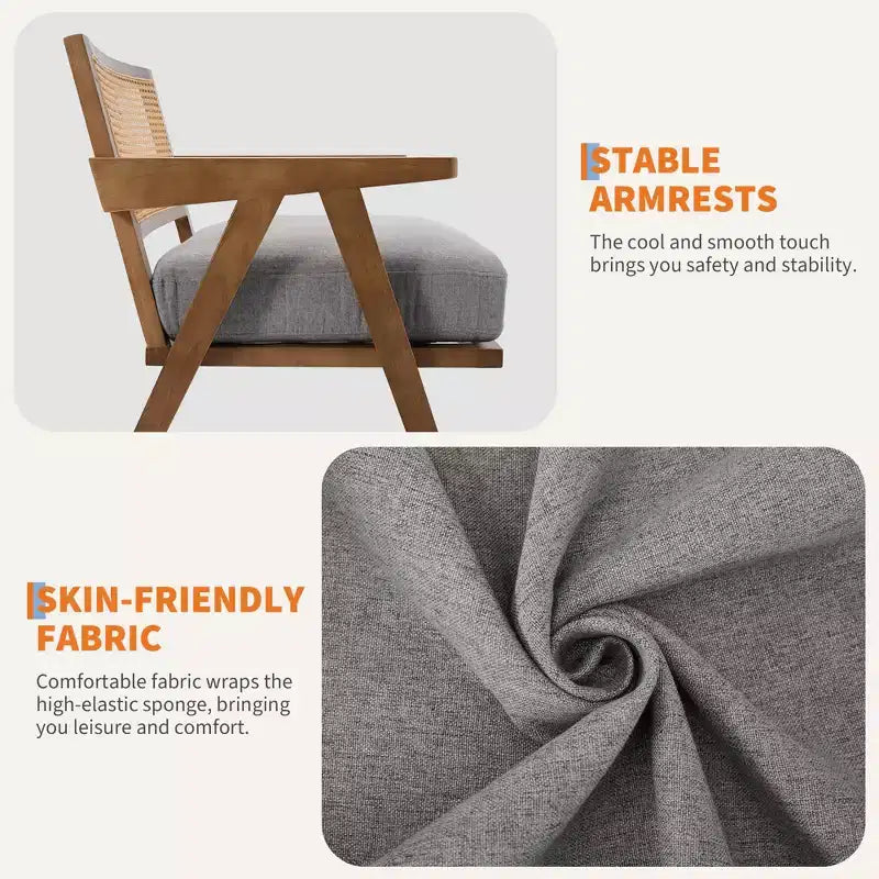 Fauteuil d'appoint – Beige / Noir / Gris | Dossier en rotin et coussin en lin | 1 place
