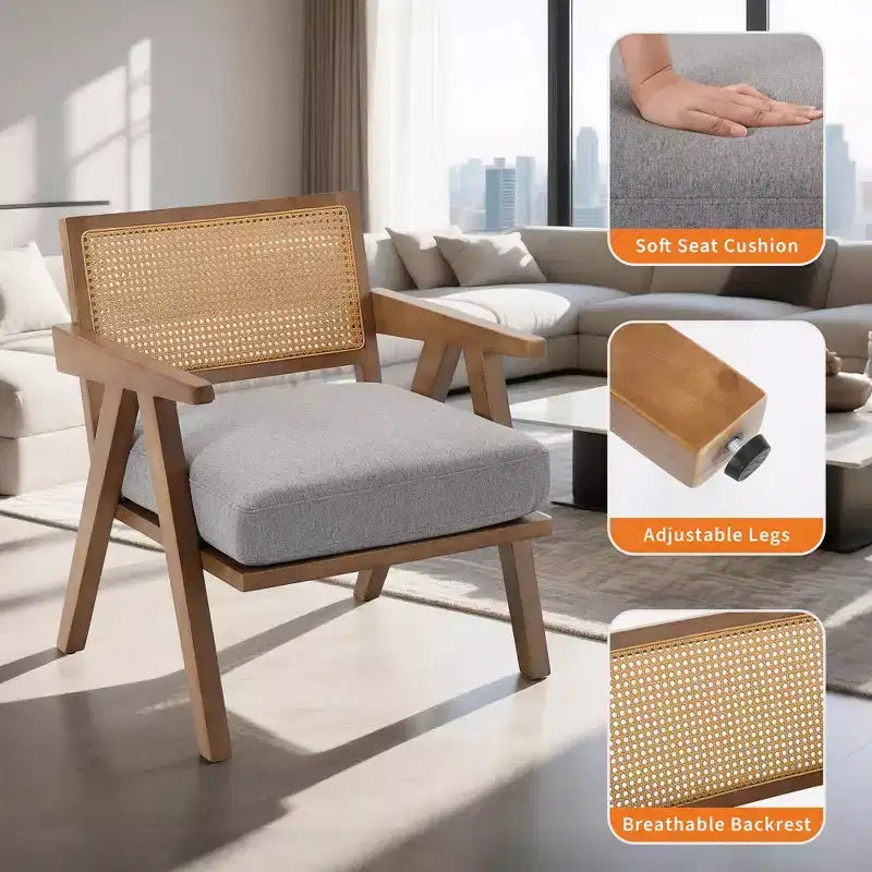 Fauteuil d'appoint – Beige / Noir / Gris | Dossier en rotin et coussin en lin | 1 place