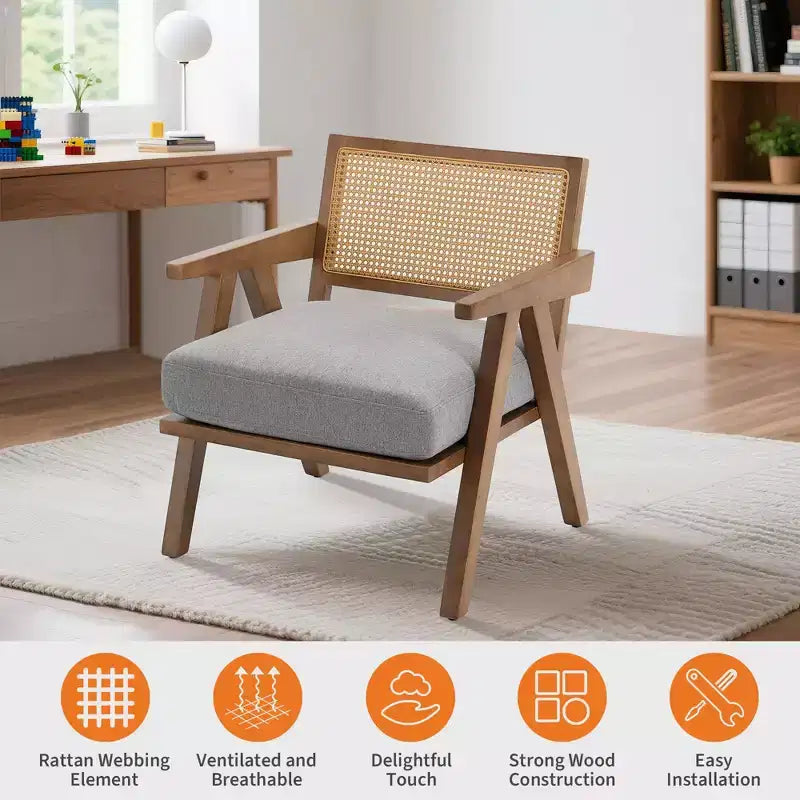 Fauteuil d'appoint – Beige / Noir / Gris | Dossier en rotin et coussin en lin | 1 place