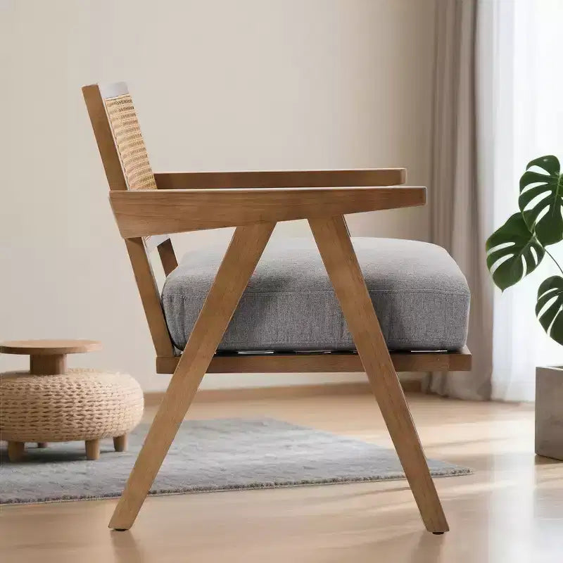 Fauteuil d'appoint – Beige / Noir / Gris | Dossier en rotin et coussin en lin | 1 place