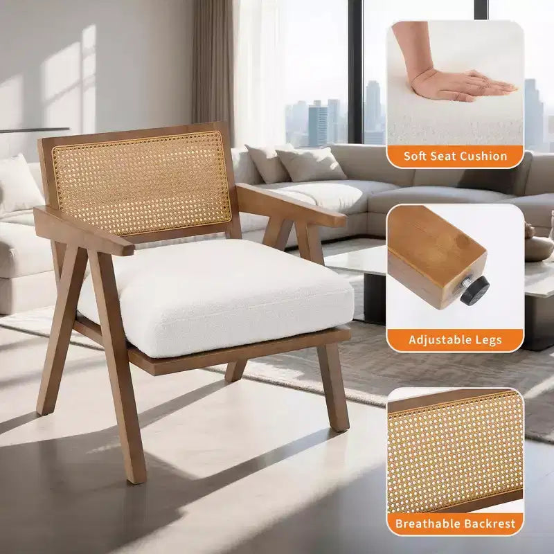 Fauteuil d'appoint – Beige / Noir / Gris | Dossier en rotin et coussin en lin | 1 place