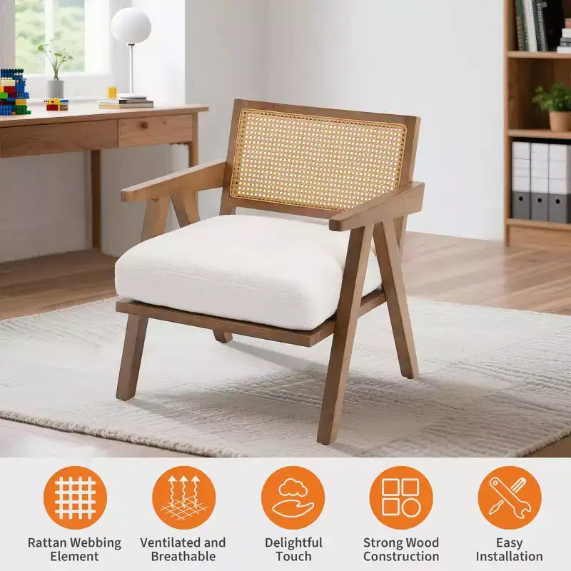 Fauteuil d'appoint – Beige / Noir / Gris | Dossier en rotin et coussin en lin | 1 place