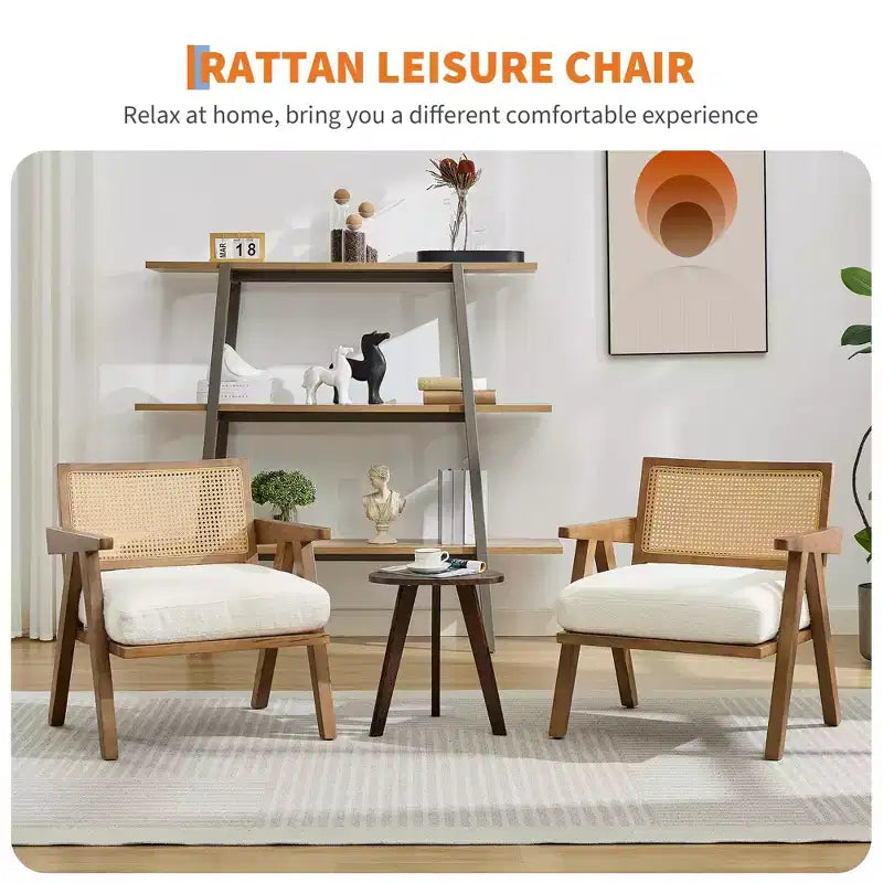 Fauteuil d'appoint – Beige / Noir / Gris | Dossier en rotin et coussin en lin | 1 place