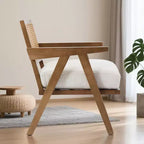 Fauteuil d'appoint – Beige / Noir / Gris | Dossier en rotin et coussin en lin | 1 place