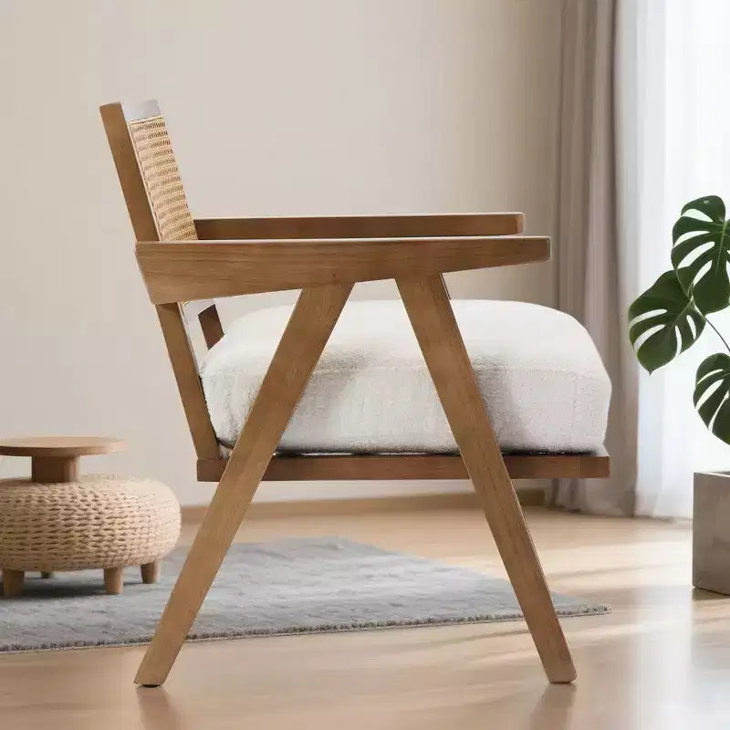 Fauteuil d'appoint – Beige / Noir / Gris | Dossier en rotin et coussin en lin | 1 place