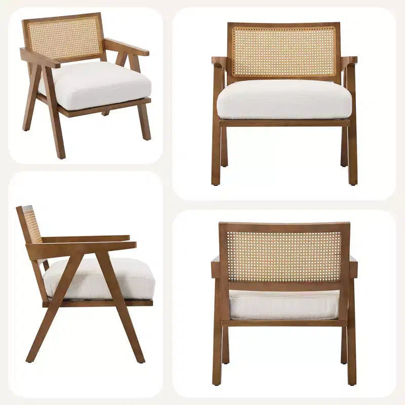 Fauteuil d'appoint – Beige / Noir / Gris | Dossier en rotin et coussin en lin | 1 place