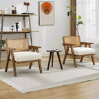 Fauteuil d'appoint – Beige / Noir / Gris | Dossier en rotin et coussin en lin | 1 place