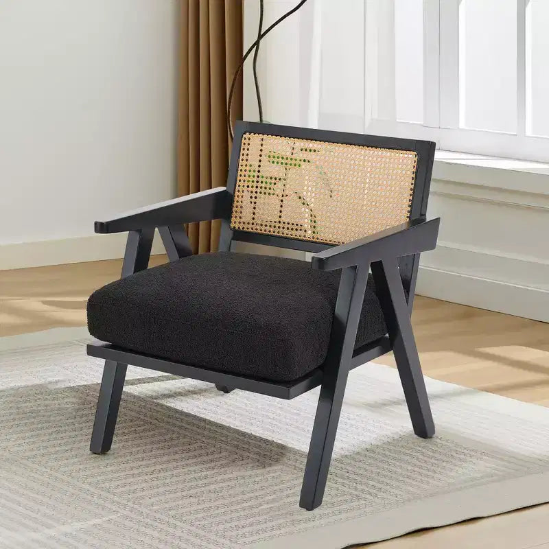 Fauteuil d'appoint – Beige / Noir / Gris | Dossier en rotin et coussin en lin | 1 place