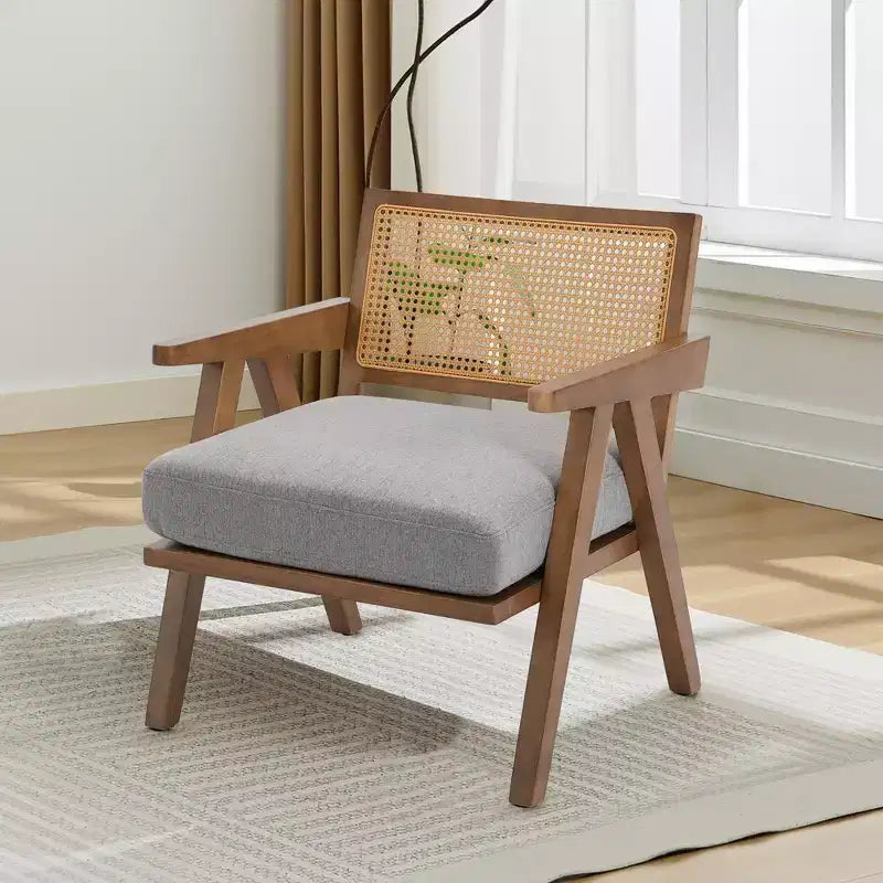 Fauteuil d'appoint – Beige / Noir / Gris | Dossier en rotin et coussin en lin | 1 place