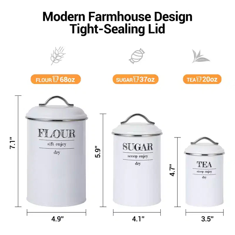 Lot de 3 bocaux de conservation hermétiques en métal blanc, style campagne