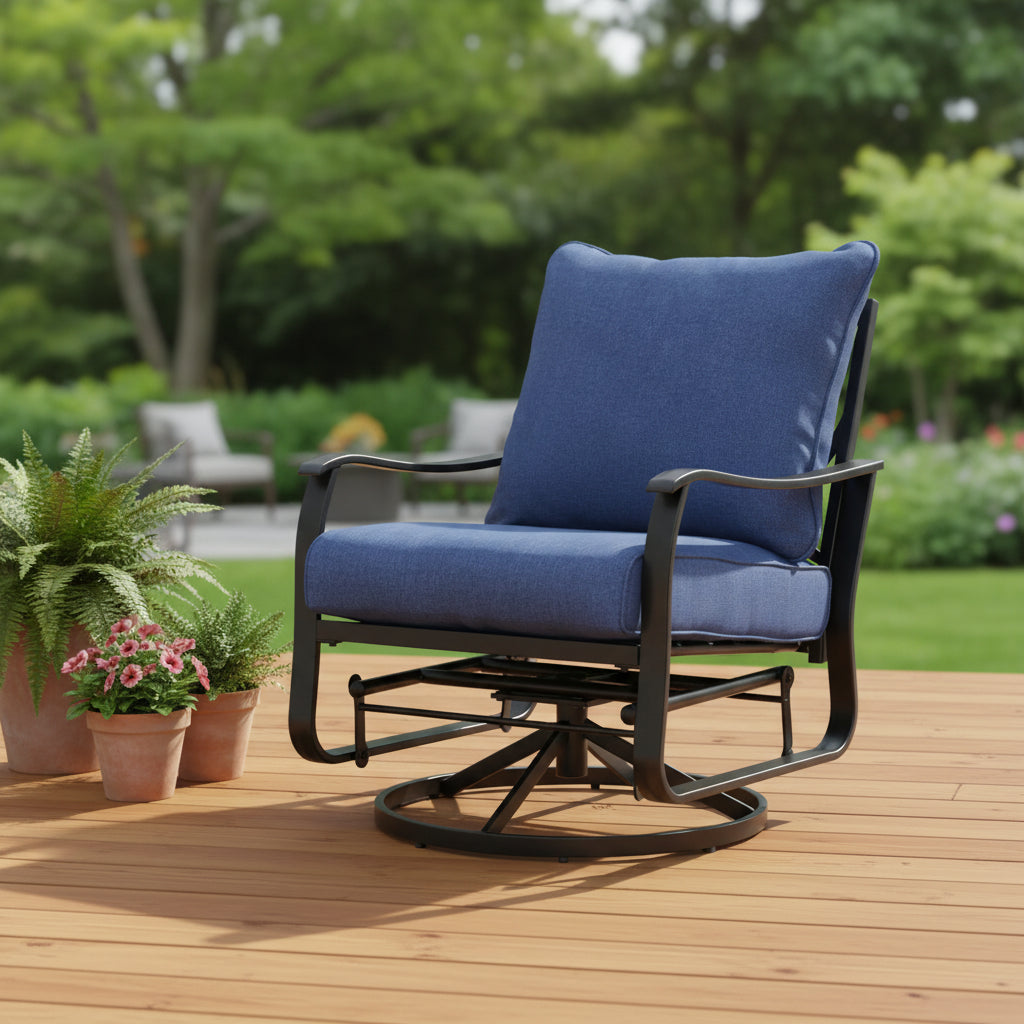 Royal Hampton Swivel Glider Armchair Set of 2, Navy Blue Cushion, Black Metal