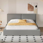 Lit plateforme en velours beige/gris – Grand lit, profil bas, pour 1 personne