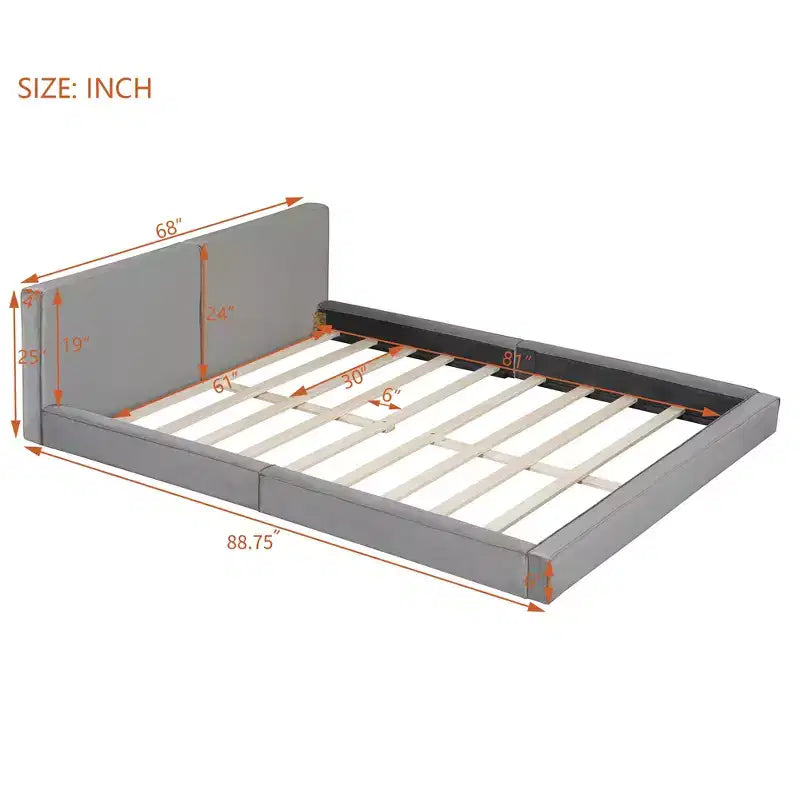 Lit plateforme en velours beige/gris – Grand lit, profil bas, pour 1 personne