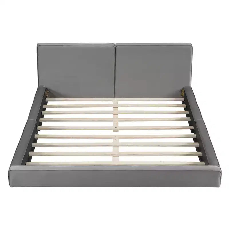 Lit plateforme en velours beige/gris – Grand lit, profil bas, pour 1 personne