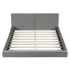 Lit plateforme en velours beige/gris – Grand lit, profil bas, pour 1 personne
