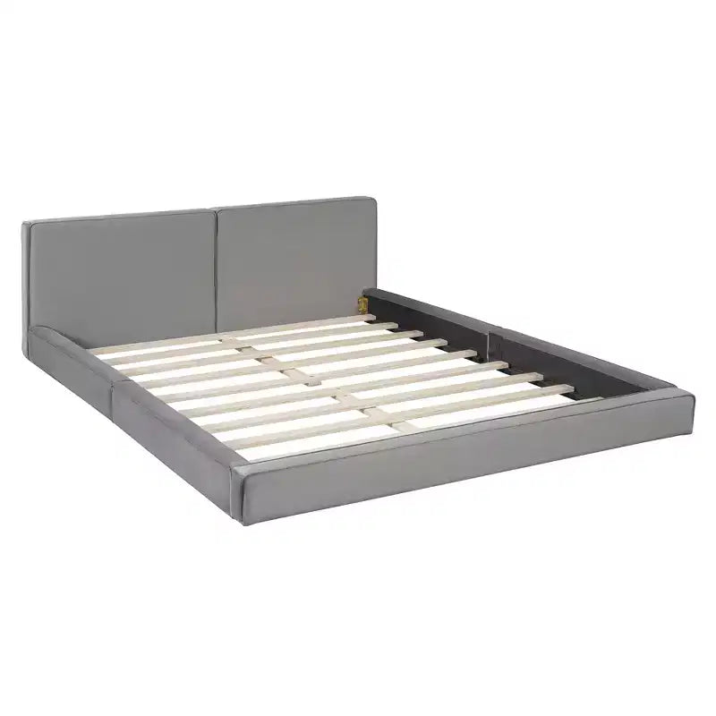 Lit plateforme en velours beige/gris – Grand lit, profil bas, pour 1 personne