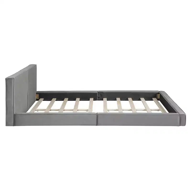 Lit plateforme en velours beige/gris – Grand lit, profil bas, pour 1 personne