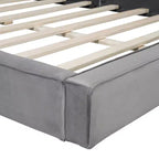 Lit plateforme en velours beige/gris – Grand lit, profil bas, pour 1 personne