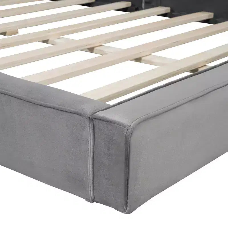 Lit plateforme en velours beige/gris – Grand lit, profil bas, pour 1 personne