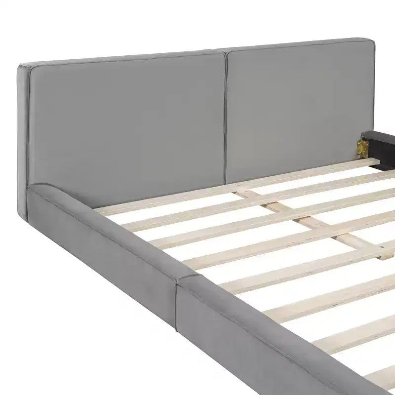 Lit plateforme en velours beige/gris – Grand lit, profil bas, pour 1 personne