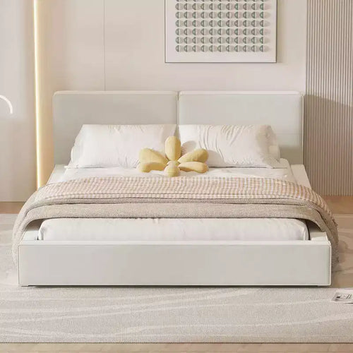 Lit plateforme en velours beige/gris – Grand lit, profil bas, pour 1 personne