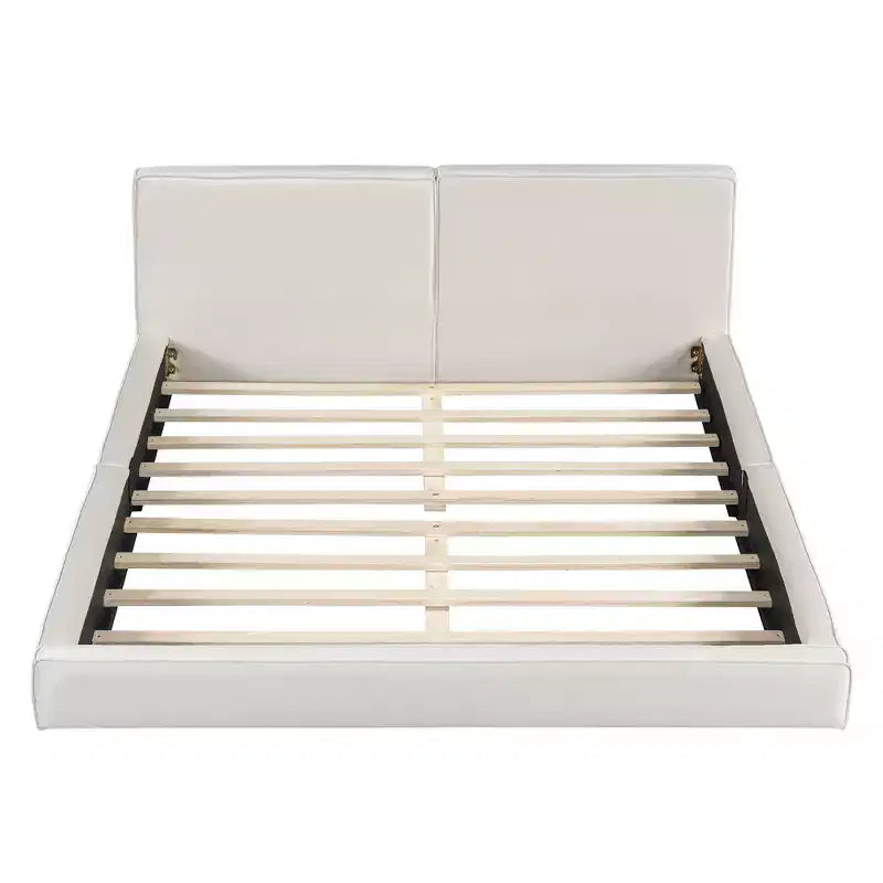 Lit plateforme en velours beige/gris – Grand lit, profil bas, pour 1 personne