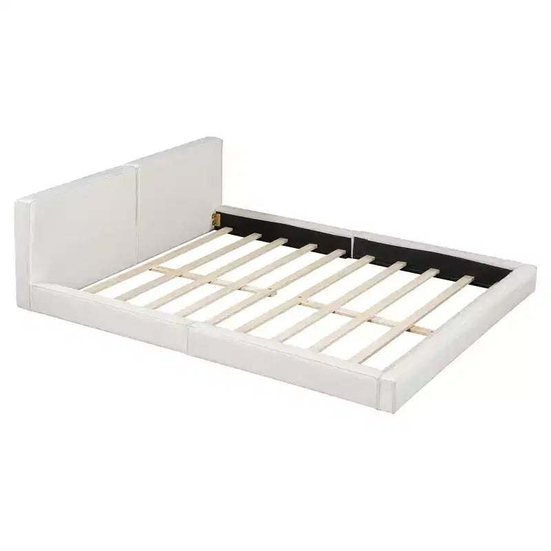 Lit plateforme en velours beige/gris – Grand lit, profil bas, pour 1 personne