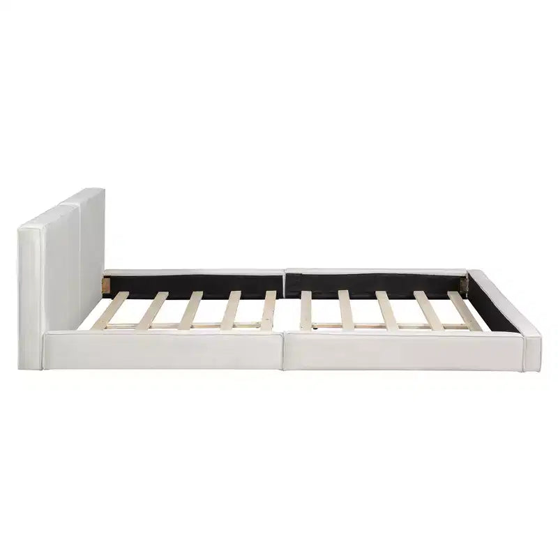Lit plateforme en velours beige/gris – Grand lit, profil bas, pour 1 personne
