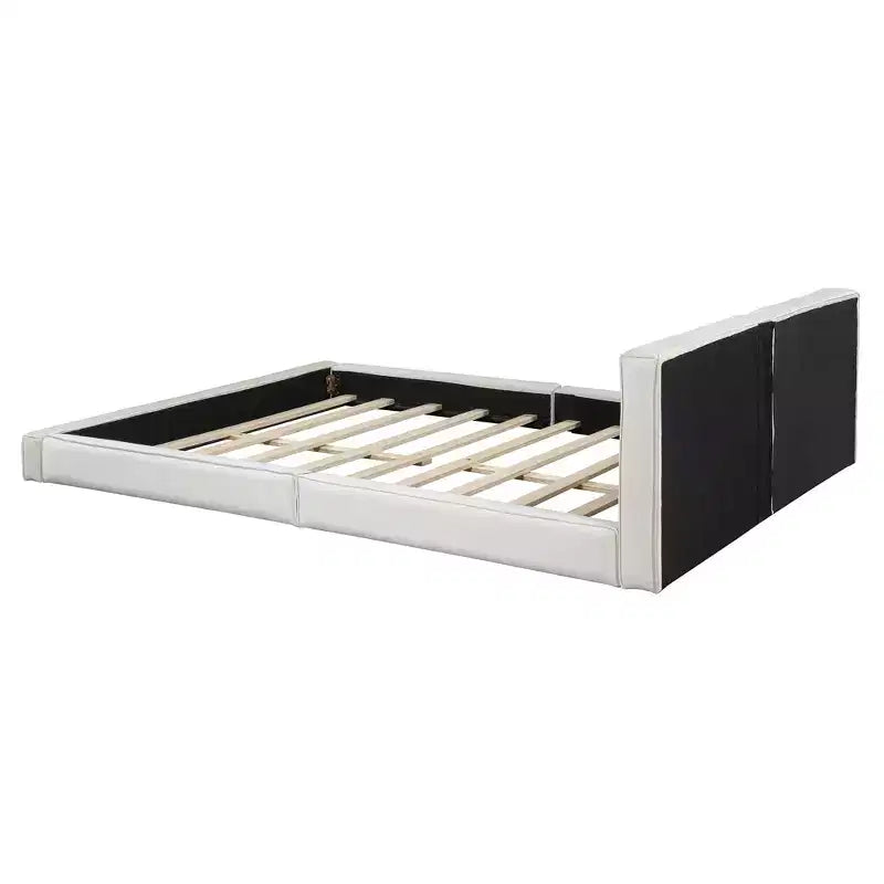 Lit plateforme en velours beige/gris – Grand lit, profil bas, pour 1 personne