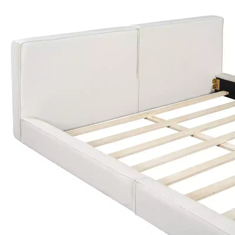 Lit plateforme en velours beige/gris – Grand lit, profil bas, pour 1 personne