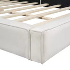 Lit plateforme en velours beige/gris – Grand lit, profil bas, pour 1 personne