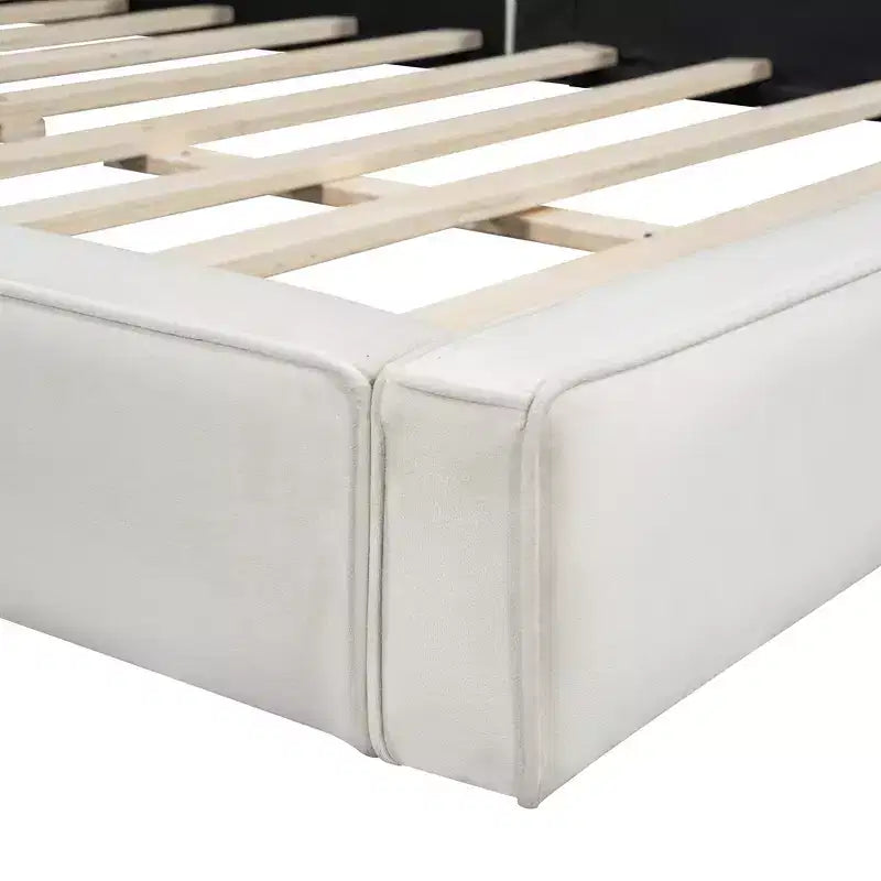 Lit plateforme en velours beige/gris – Grand lit, profil bas, pour 1 personne