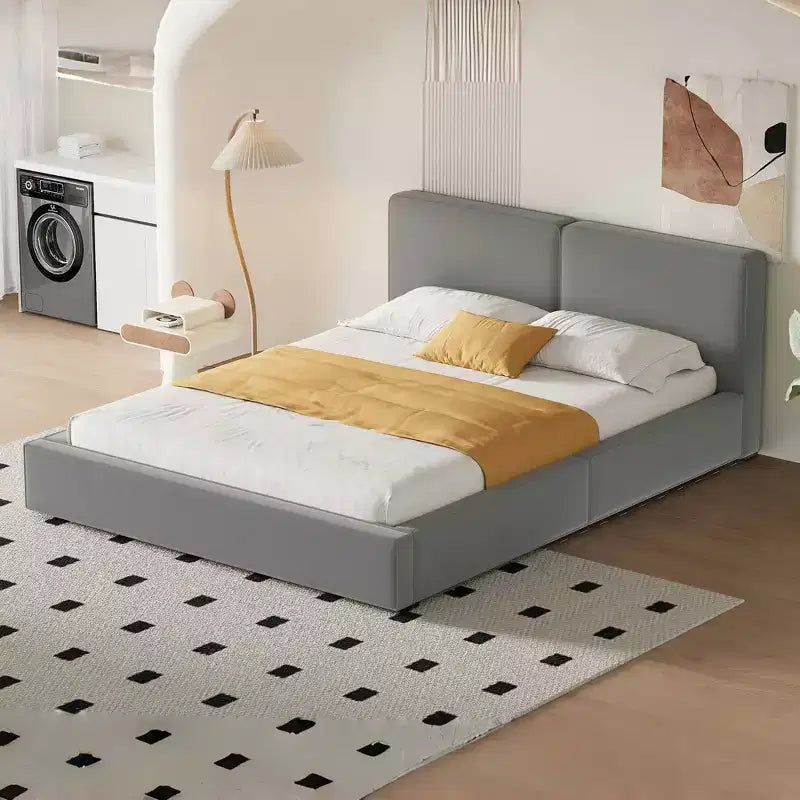 Lit plateforme en velours beige/gris – Grand lit, profil bas, pour 1 personne