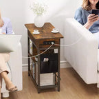Bout de canapé rustique marron avec station de charge, étagère de rangement et sac