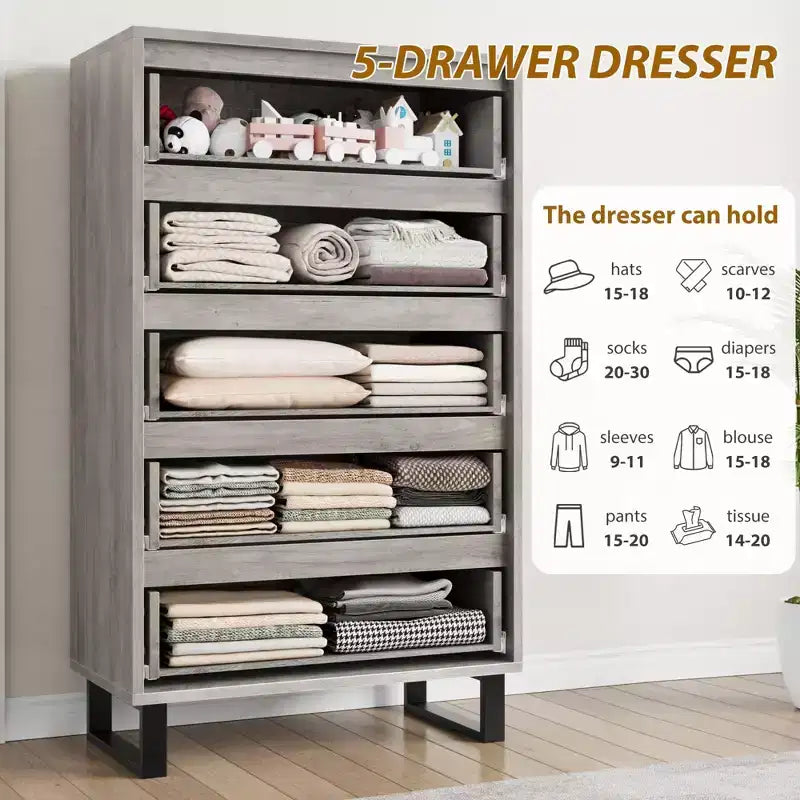 Commode en bois à 5 tiroirs – Noir / Gris / Blanc, Autoportante, Utilisation 1 personne