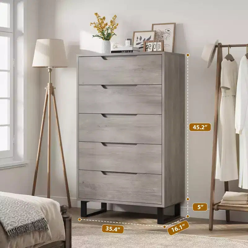 Commode en bois à 5 tiroirs – Noir / Gris / Blanc, Autoportante, Utilisation 1 personne