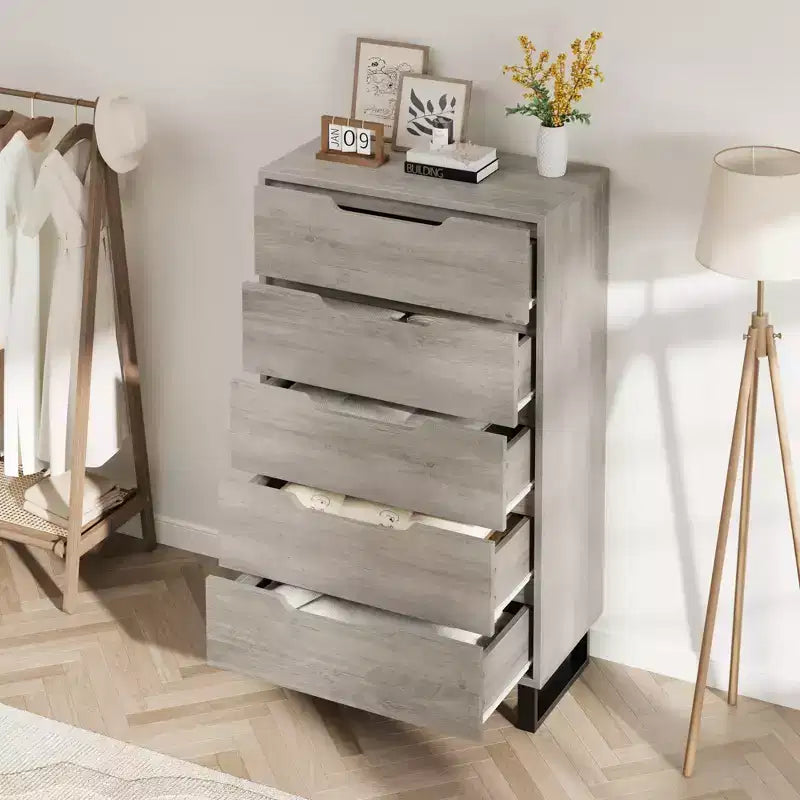 Commode en bois à 5 tiroirs – Noir / Gris / Blanc, Autoportante, Utilisation 1 personne
